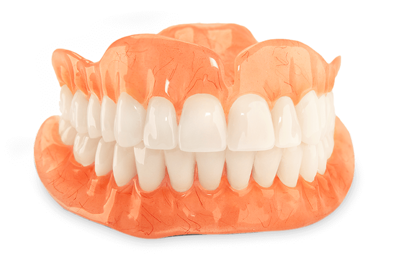 Upper full arch denture resting on top of lower full arch denture.